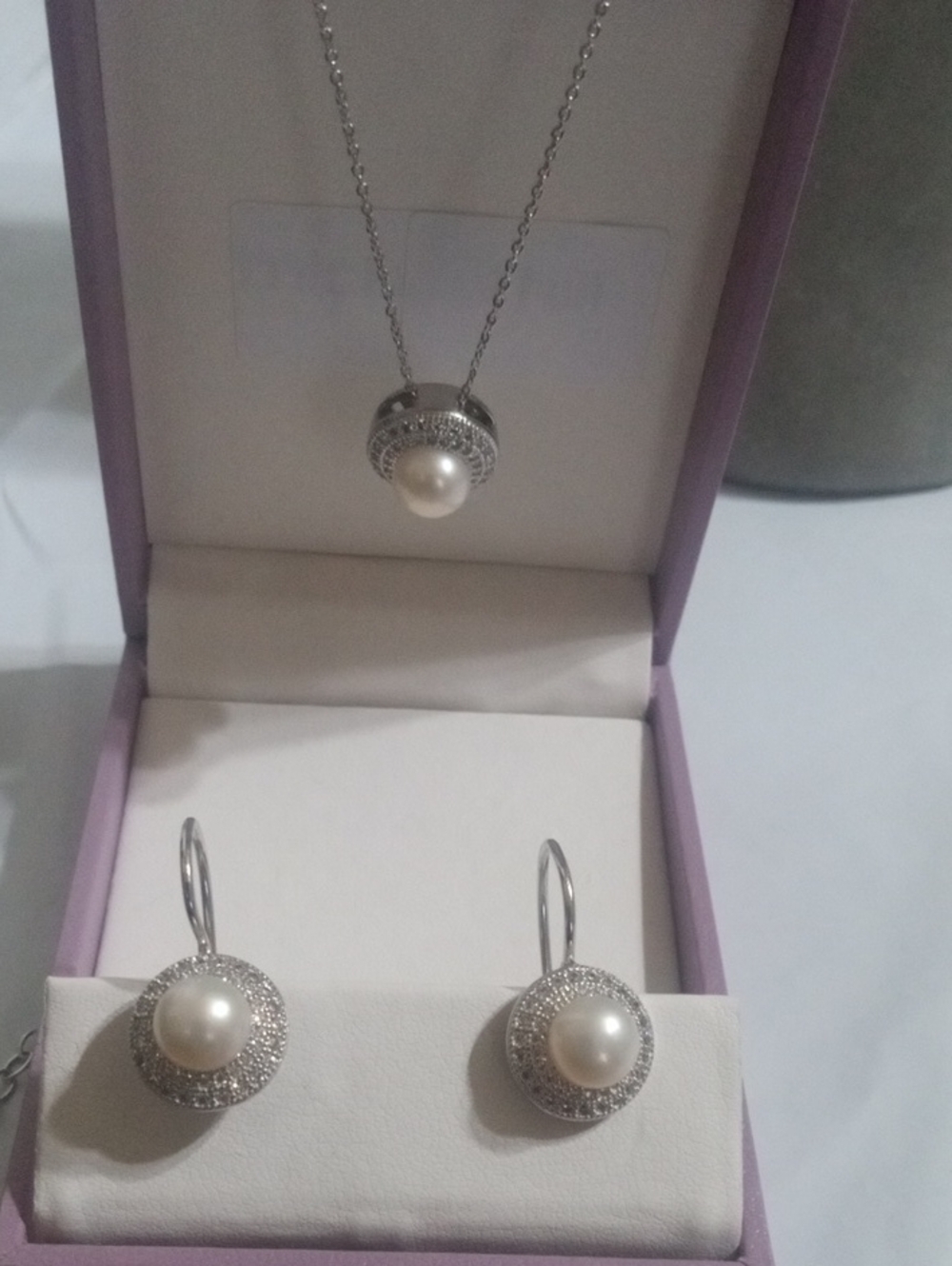 Elle 925 Silver /Pearl And CZ /Ruby Pierced Earrings And Necklace
